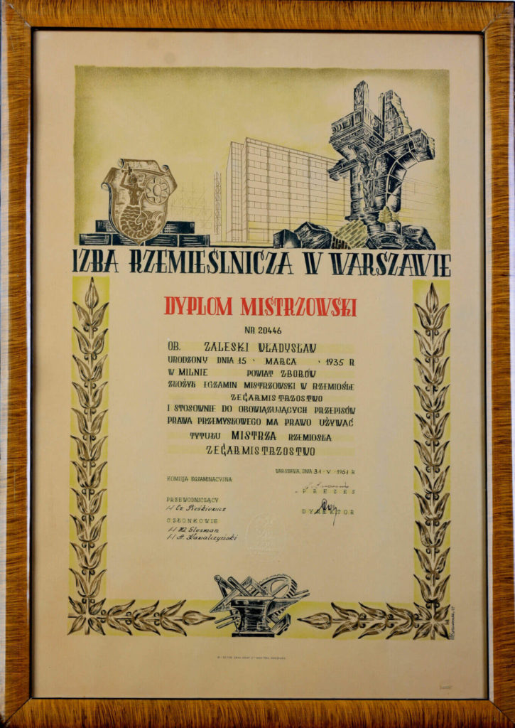 Władysław Zaleski  - dyplom Mistrza Zegarmistrzostwa