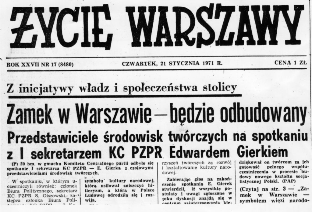 Informacja o odbudowie Zamku Królewskiego w Warszawie